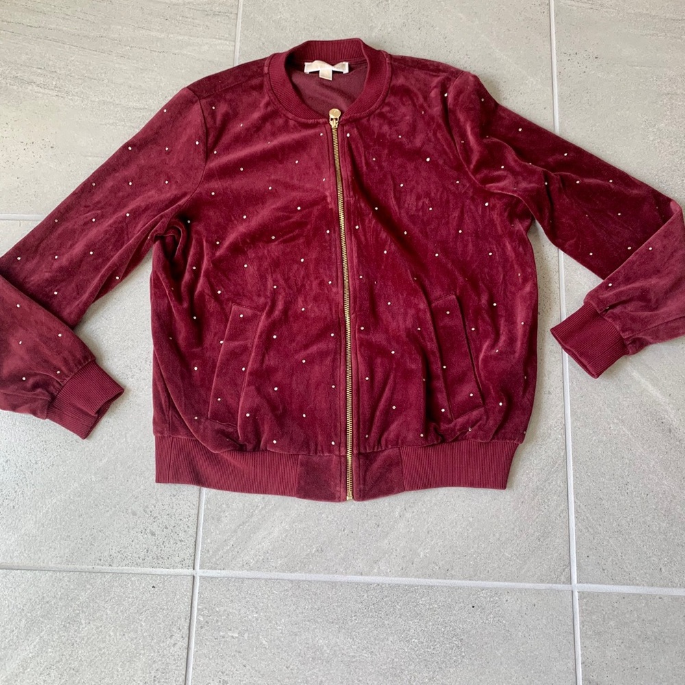 Red Maroon Velour Bedazzled Zip Up Michael Kors Sweatshirt Size L